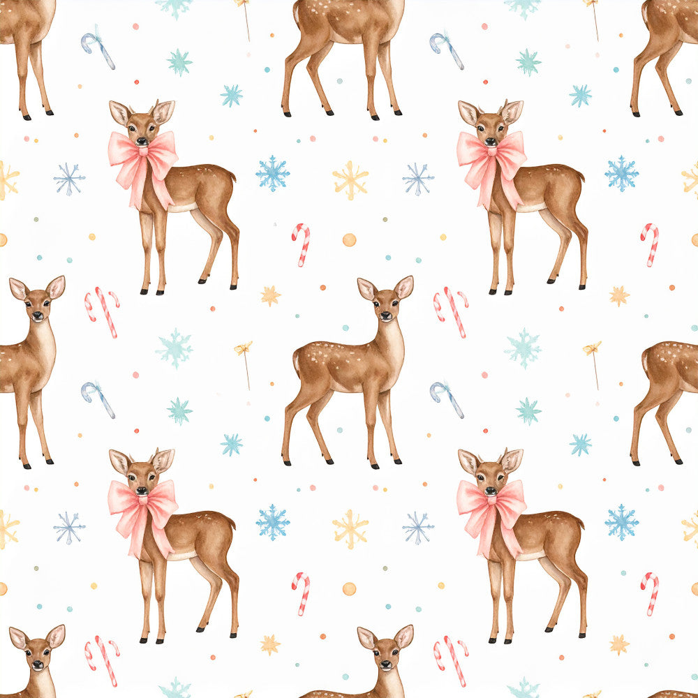 deer, winter, holiday, christmas, festive, snowflakes, candy canes, pastel pink, tan, brown, teal blue, gold, coral pink, whimsical, cute, animals, nature, kids room, nursery, playroom, baby shower, elegant, soft, gentle, bow, star motifs, seasonal, december, magical