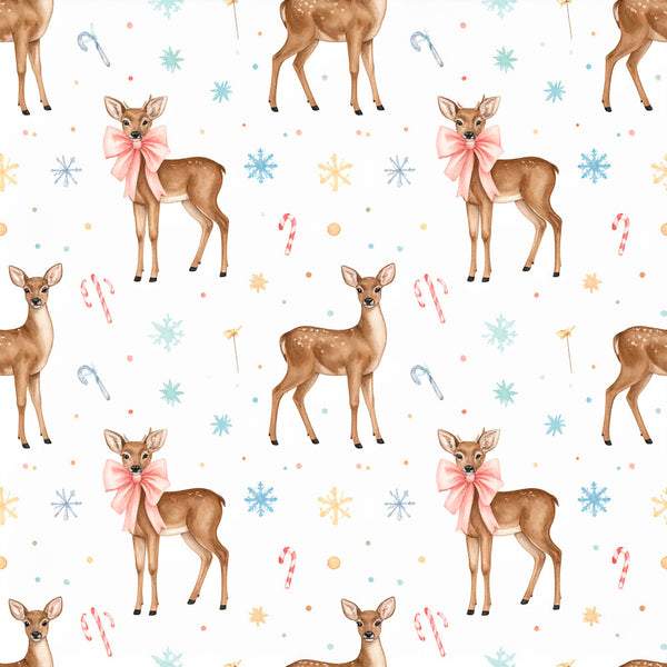 deer, winter, holiday, christmas, festive, snowflakes, candy canes, pastel pink, tan, brown, teal blue, gold, coral pink, whimsical, cute, animals, nature, kids room, nursery, playroom, baby shower, elegant, soft, gentle, bow, star motifs, seasonal, december, magical