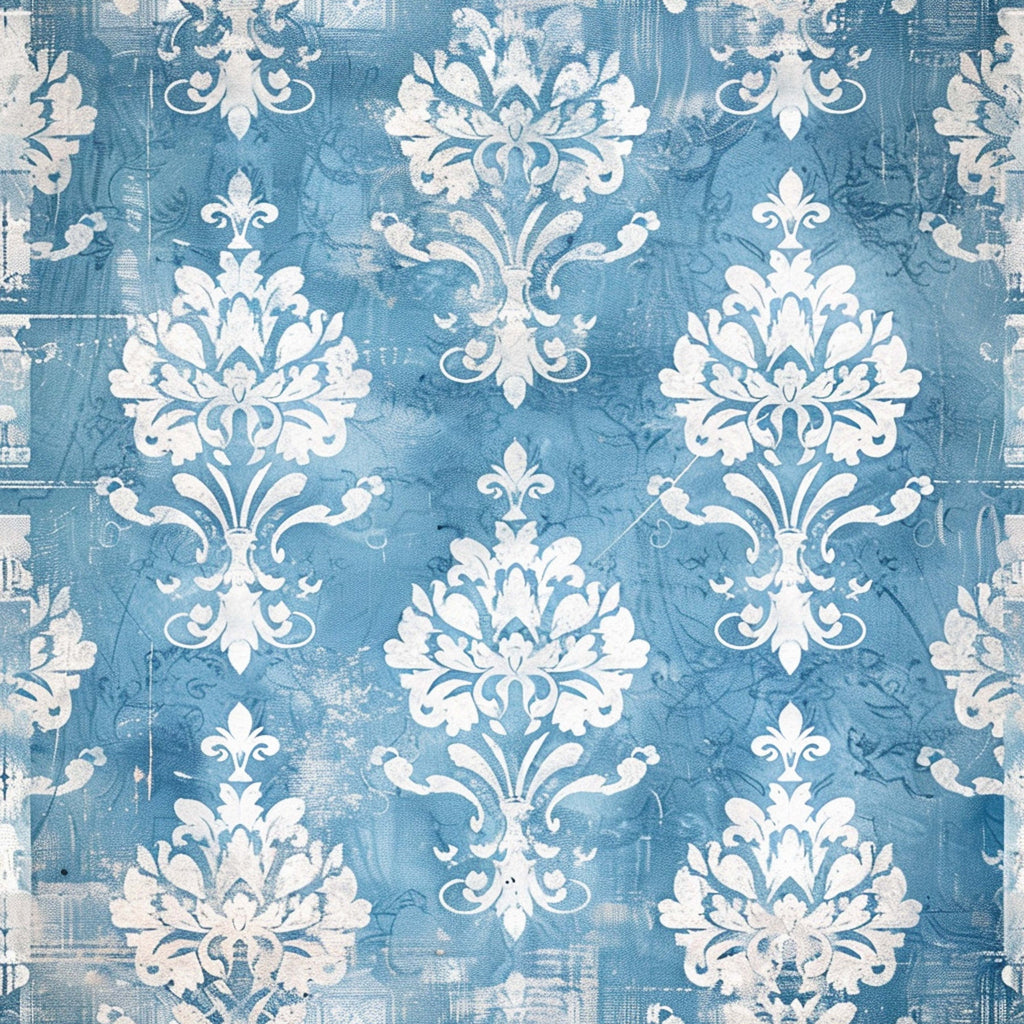 blue, white, vintage, farmhouse, damask pattern, ornate scrollwork, fleur-de-lis, baroque motifs, weathered texture, distressed finish,, fabric panel, decorative flourishes, symmetrical design, french country, shabby chic, antique style, ornamental elements