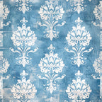 blue, white, vintage, farmhouse, damask pattern, ornate scrollwork, fleur-de-lis, baroque motifs, weathered texture, distressed finish,, fabric panel, decorative flourishes, symmetrical design, french country, shabby chic, antique style, ornamental elements
