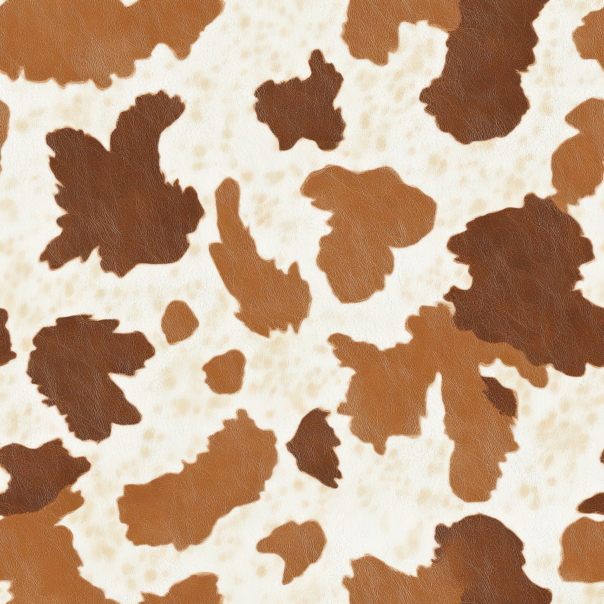 cow print, cowhide pattern, brown spots, cream background, tan patches, irregular shapes, animal print, western theme, ranching motif, livestock pattern, natural markings, organic shapes, rustic style, farmhouse aesthetic,, fabric panel, country decor, bovine design, mottled texture, earthy tones