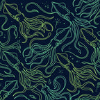 navy blue, neon green, lime green, cyan, glow in the dark, ocean theme, nautical, sea creatures, squid, octopus, underwater, bioluminescent, glowing, neon, electric, modern, whimsical, celestial, cosmic, night sky, marine life, deep sea, fantasy, abstract, contemporary, kids room, playroom, boys room, adventure theme, aquatic animals