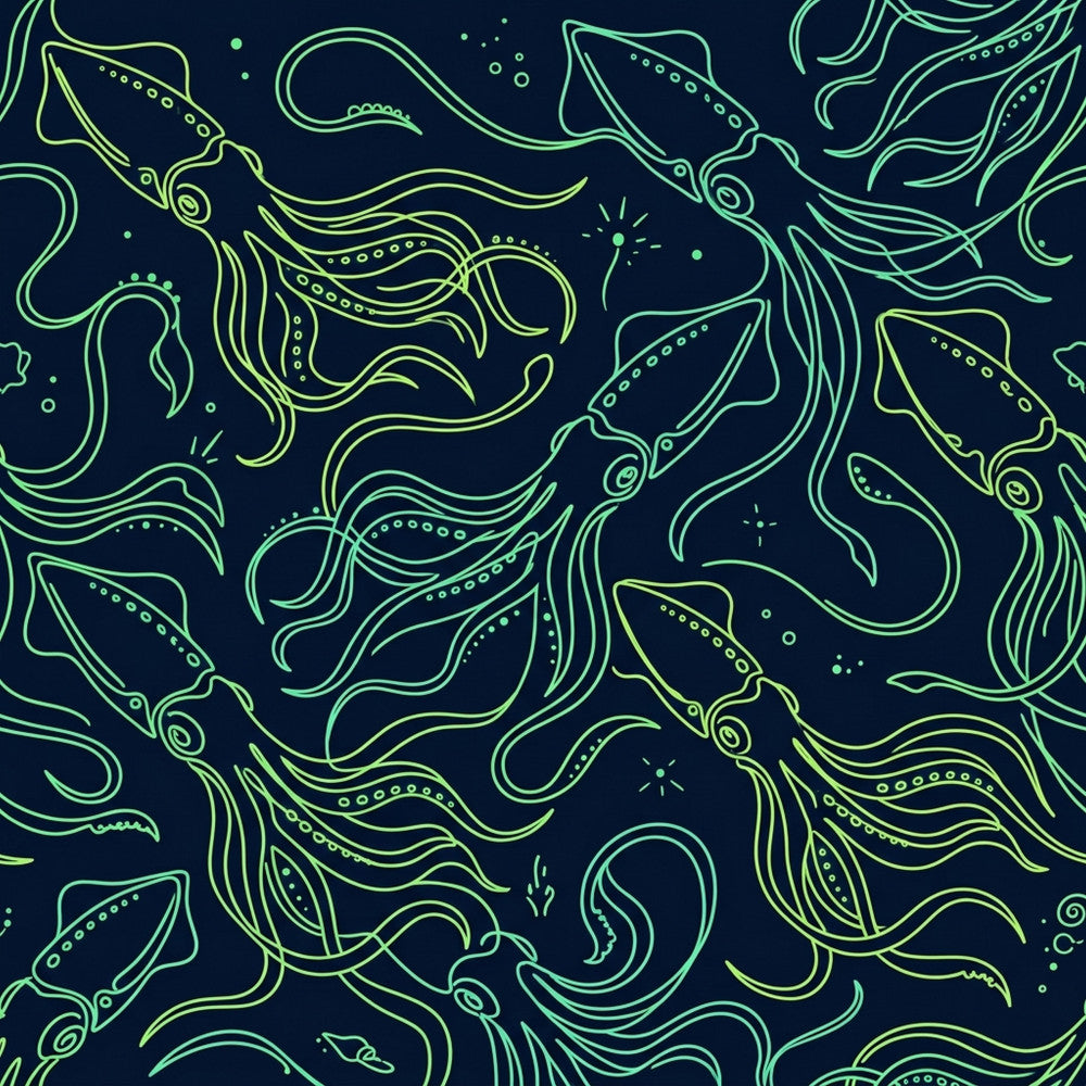 navy blue, neon green, lime green, cyan, glow in the dark, ocean theme, nautical, sea creatures, squid, octopus, underwater, bioluminescent, glowing, neon, electric, modern, whimsical, celestial, cosmic, night sky, marine life, deep sea, fantasy, abstract, contemporary, kids room, playroom, boys room, adventure theme, aquatic animals