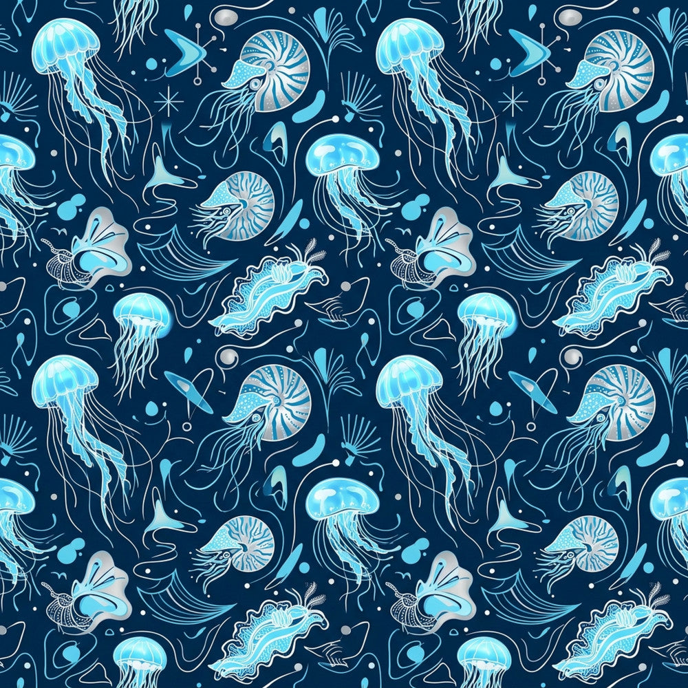 navy blue, light blue, cyan, turquoise, deep ocean blue, jellyfish, nautical, ocean, sea creatures, marine life, underwater, whimsical, modern, playful, kids, children, nursery, aquatic, sea life, shells, starfish, bioluminescent, coastal, ocean themed, sea animals, swimming, bathroom decor, playroom, imaginative, dreamy