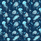 navy blue, light blue, cyan, turquoise, deep ocean blue, jellyfish, nautical, ocean, sea creatures, marine life, underwater, whimsical, modern, playful, kids, children, nursery, aquatic, sea life, shells, starfish, bioluminescent, coastal, ocean themed, sea animals, swimming, bathroom decor, playroom, imaginative, dreamy