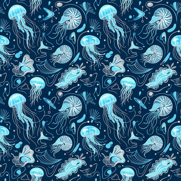 navy blue, light blue, cyan, turquoise, deep ocean blue, jellyfish, nautical, ocean, sea creatures, marine life, underwater, whimsical, modern, playful, kids, children, nursery, aquatic, sea life, shells, starfish, bioluminescent, coastal, ocean themed, sea animals, swimming, bathroom decor, playroom, imaginative, dreamy