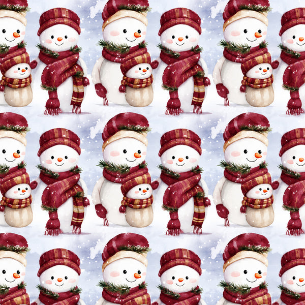 burgundy, cream, white, burgundy and cream, plaid, striped, snowman, snowmen, winter, christmas, holiday, festive, whimsical, cute, family, children, kids, nursery, playroom, evergreen, pine, scarf, hat, carrot nose, snow, snowy, traditional, charming, cheerful, seasonal