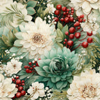 christmas florals,, fabric panel, cream flowers, sage green, deep red berries, white berries, botanical pattern, winter florals, holiday florals, dahlia flowers, succulent plants, pine foliage, festive colors, detailed illustration, realistic style, floral arrangement, christmas botanicals, cotton fabric, quilting material