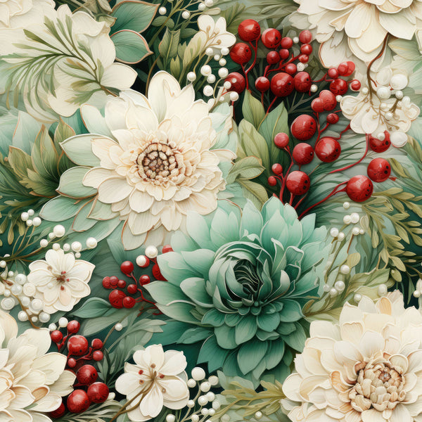 christmas florals,, fabric panel, cream flowers, sage green, deep red berries, white berries, botanical pattern, winter florals, holiday florals, dahlia flowers, succulent plants, pine foliage, festive colors, detailed illustration, realistic style, floral arrangement, christmas botanicals, cotton fabric, quilting material
