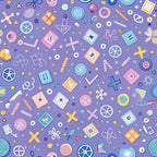 purple background, geometric shapes, school supplies, circles, squares, crosses, rulers, scissors, compass tools, math symbols, pastel colors, pink accents, blue elements, yellow highlights, educational theme, scattered pattern,, fabric panel, back to school, academic motifs, geometric design, school icons, learning tools