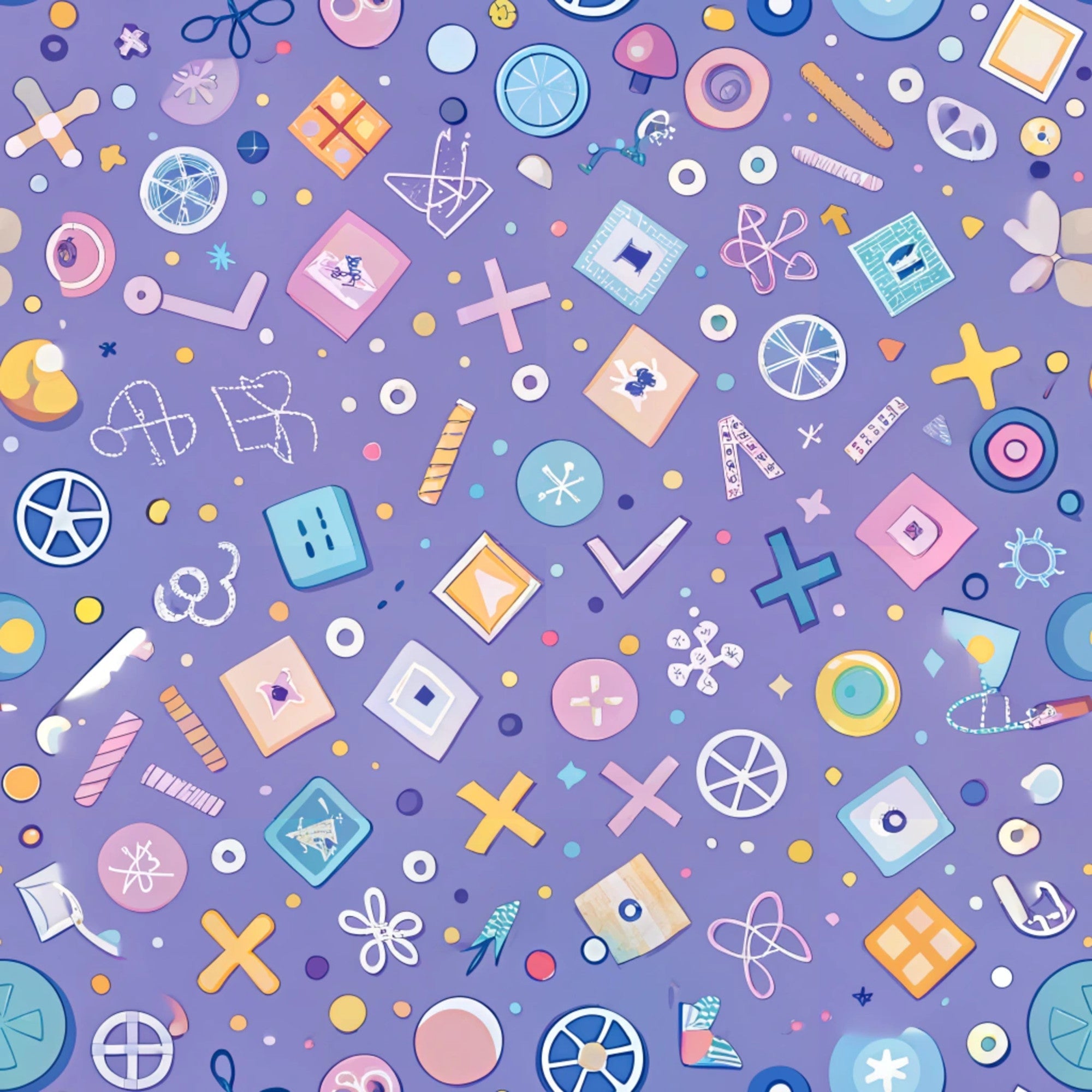 purple background, geometric shapes, school supplies, circles, squares, crosses, rulers, scissors, compass tools, math symbols, pastel colors, pink accents, blue elements, yellow highlights, educational theme, scattered pattern,, fabric panel, back to school, academic motifs, geometric design, school icons, learning tools