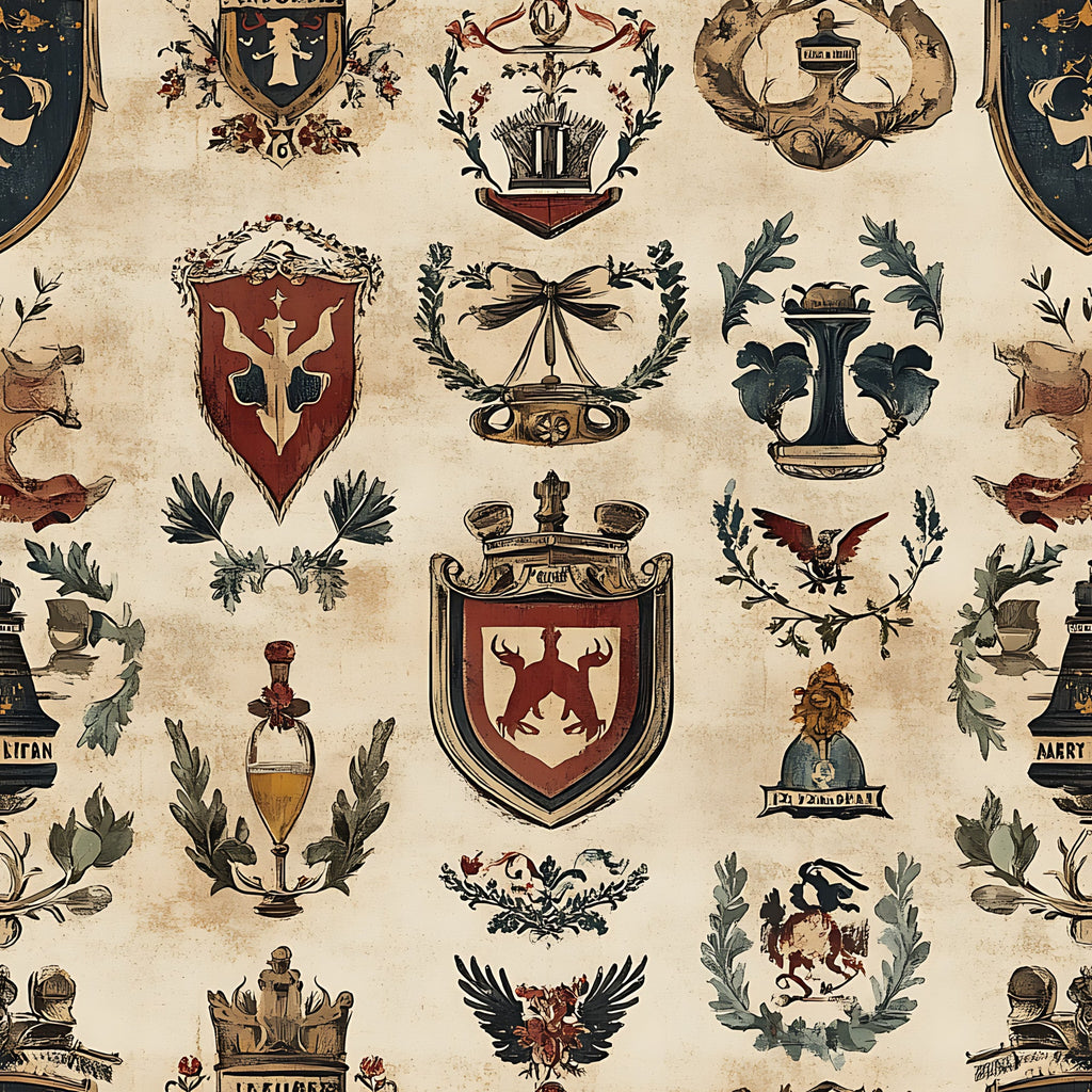 beige, cream, burgundy, dark green, gold accents, heraldic shields, coat of arms, eagles, crowns, laurel wreaths, medieval crests, german motifs, rustic style, vintage look,, fabric panel, repeating pattern, ornate details, patriotic symbols, decorative banners