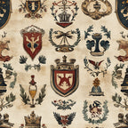 beige, cream, burgundy, dark green, gold accents, heraldic shields, coat of arms, eagles, crowns, laurel wreaths, medieval crests, german motifs, rustic style, vintage look,, fabric panel, repeating pattern, ornate details, patriotic symbols, decorative banners