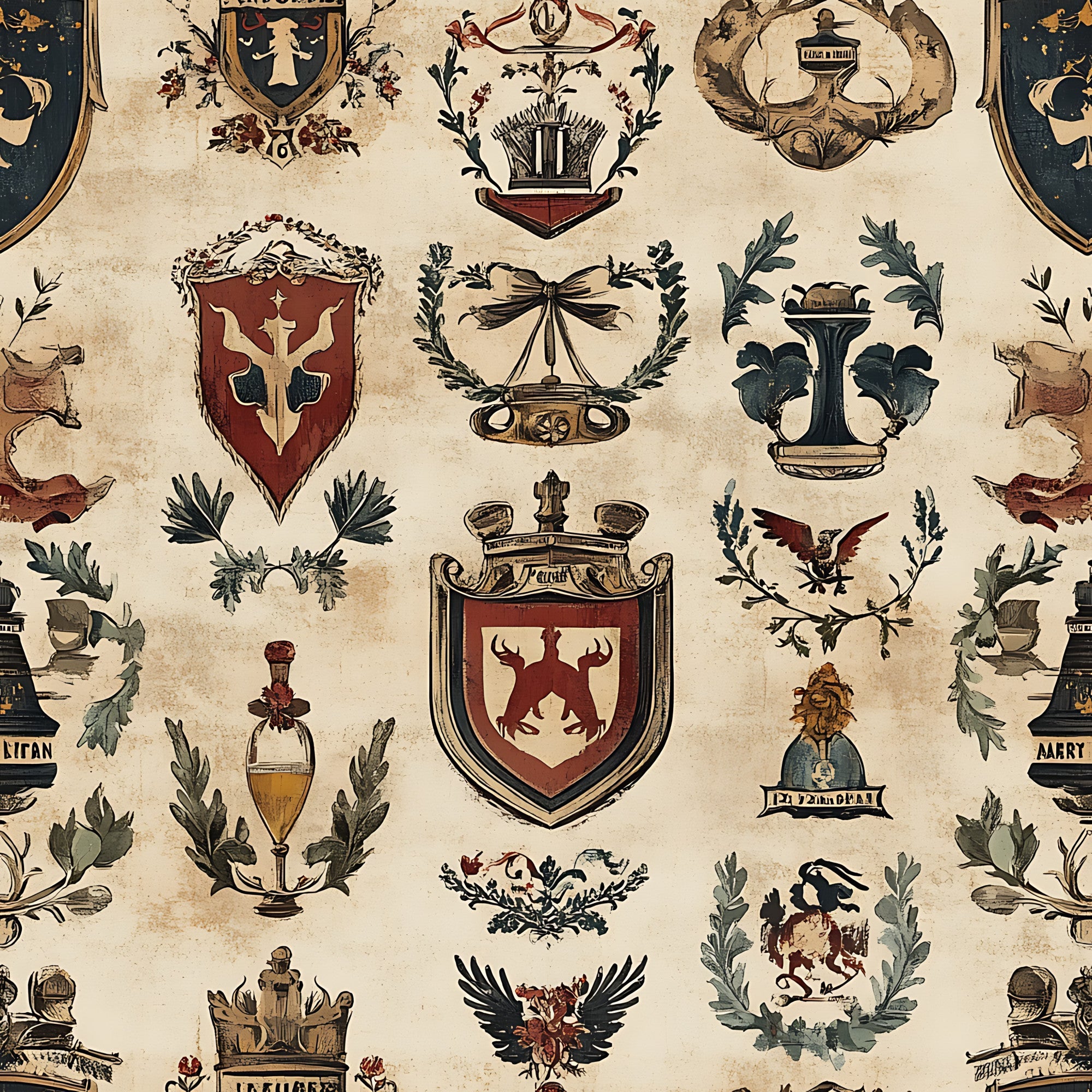 beige, cream, burgundy, dark green, gold accents, heraldic shields, coat of arms, eagles, crowns, laurel wreaths, medieval crests, german motifs, rustic style, vintage look,, fabric panel, repeating pattern, ornate details, patriotic symbols, decorative banners
