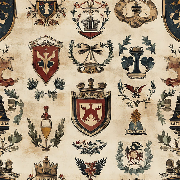 beige, cream, burgundy, dark green, gold accents, heraldic shields, coat of arms, eagles, crowns, laurel wreaths, medieval crests, german motifs, rustic style, vintage look,, fabric panel, repeating pattern, ornate details, patriotic symbols, decorative banners