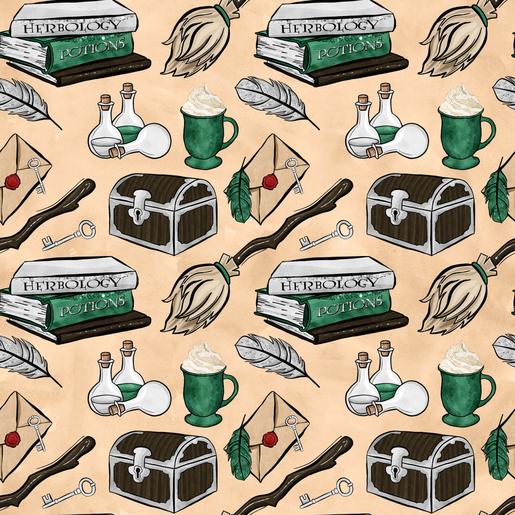 wizard, magic school, herbology books, potions, treasure chest, broomstick, feathers, keys, letters, green mugs, bottles, beige background, fantasy theme,, fabric panel, magical items, school supplies, witchcraft, enchanted objects, repeating pattern