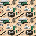 wizard, magic school, herbology books, potions, treasure chest, broomstick, feathers, keys, letters, green mugs, bottles, beige background, fantasy theme,, fabric panel, magical items, school supplies, witchcraft, enchanted objects, repeating pattern