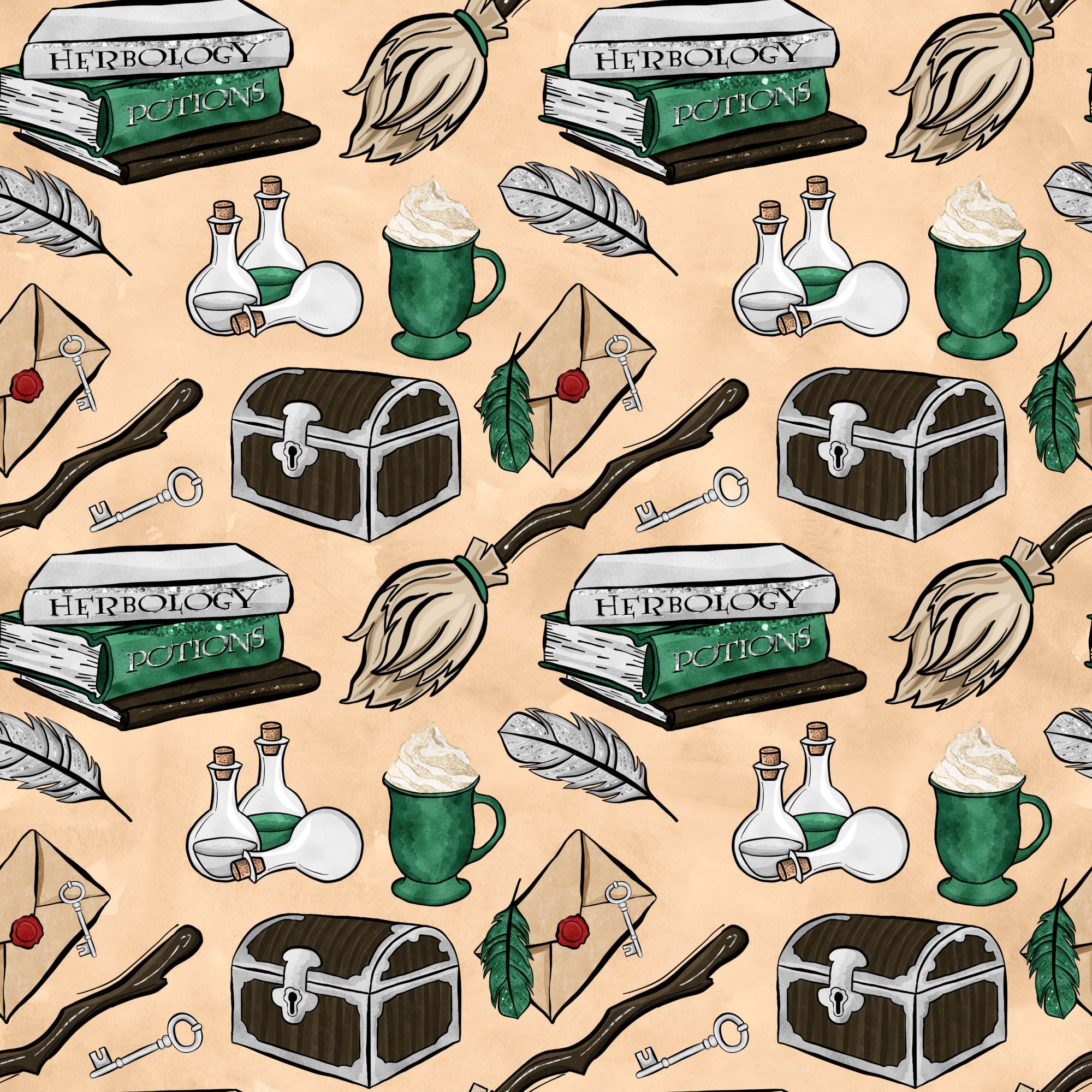 wizard, magic school, herbology books, potions, treasure chest, broomstick, feathers, keys, letters, green mugs, bottles, beige background, fantasy theme,, fabric panel, magical items, school supplies, witchcraft, enchanted objects, repeating pattern
