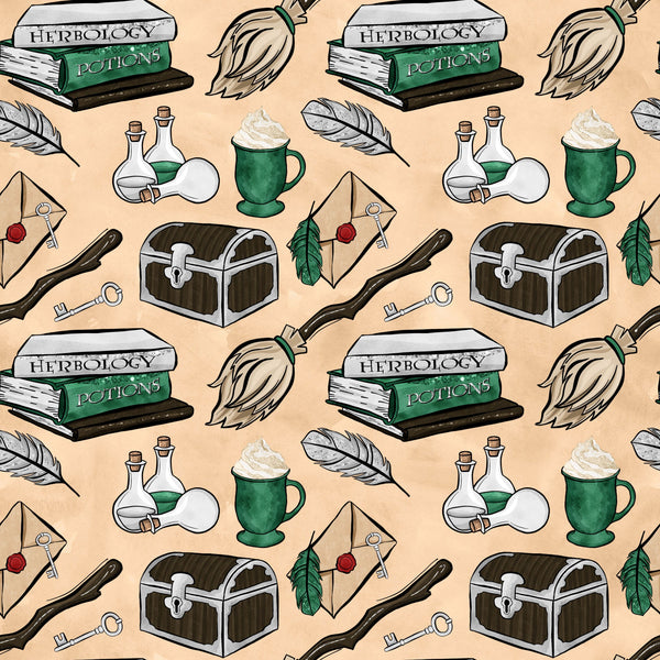 wizard, magic school, herbology books, potions, treasure chest, broomstick, feathers, keys, letters, green mugs, bottles, beige background, fantasy theme,, fabric panel, magical items, school supplies, witchcraft, enchanted objects, repeating pattern