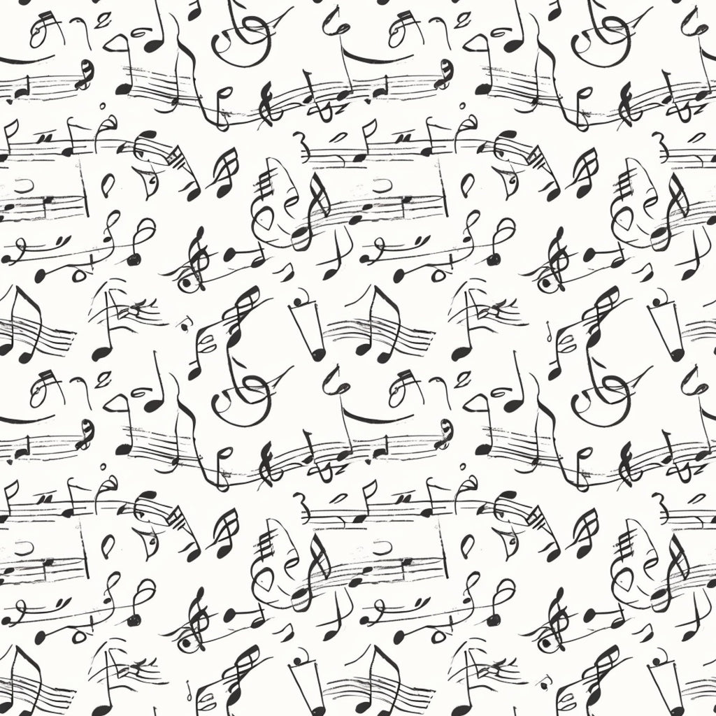 black and white, musical notes, sheet music, treble clef, staff lines, handwritten style, repeating pattern, monochrome,, fabric panel, music theme, flowing design, artistic notation, seamless repeat, craft fabric, sewing material, contemporary pattern, musical symbols, cotton fabric, quilter's cotton