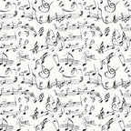 black and white, musical notes, sheet music, treble clef, staff lines, handwritten style, repeating pattern, monochrome,, fabric panel, music theme, flowing design, artistic notation, seamless repeat, craft fabric, sewing material, contemporary pattern, musical symbols, cotton fabric, quilter's cotton