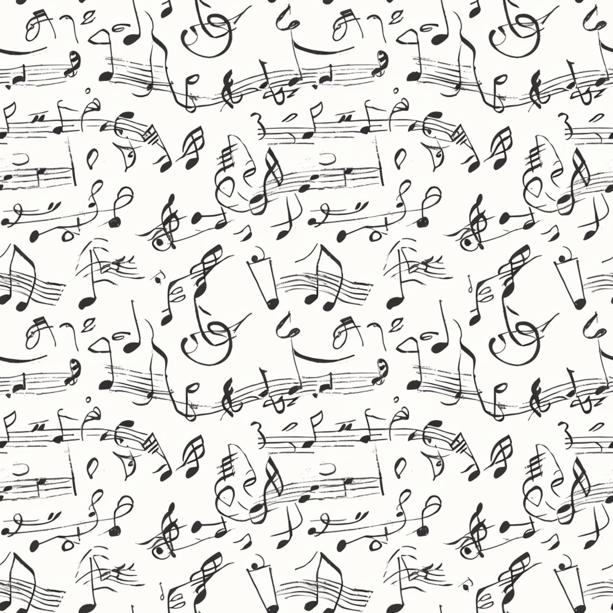 black and white, musical notes, sheet music, treble clef, staff lines, handwritten style, repeating pattern, monochrome,, fabric panel, music theme, flowing design, artistic notation, seamless repeat, craft fabric, sewing material, contemporary pattern, musical symbols, cotton fabric, quilter's cotton