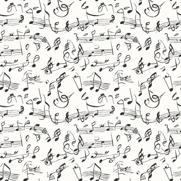 black and white, musical notes, sheet music, treble clef, staff lines, handwritten style, repeating pattern, monochrome,, fabric panel, music theme, flowing design, artistic notation, seamless repeat, craft fabric, sewing material, contemporary pattern, musical symbols, cotton fabric, quilter's cotton