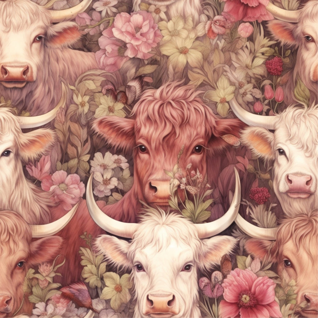 highland cows, floral pattern, pink flowers, cream colored, reddish brown, pastoral scene, bovine faces, horned cattle, botanical elements,, fabric panel, rustic charm, farmhouse style, nature motif, soft pastels, country living, animal print, decorative flowers, cottage core, repeating pattern