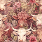 highland cows, floral pattern, pink flowers, cream colored, reddish brown, pastoral scene, bovine faces, horned cattle, botanical elements,, fabric panel, rustic charm, farmhouse style, nature motif, soft pastels, country living, animal print, decorative flowers, cottage core, repeating pattern