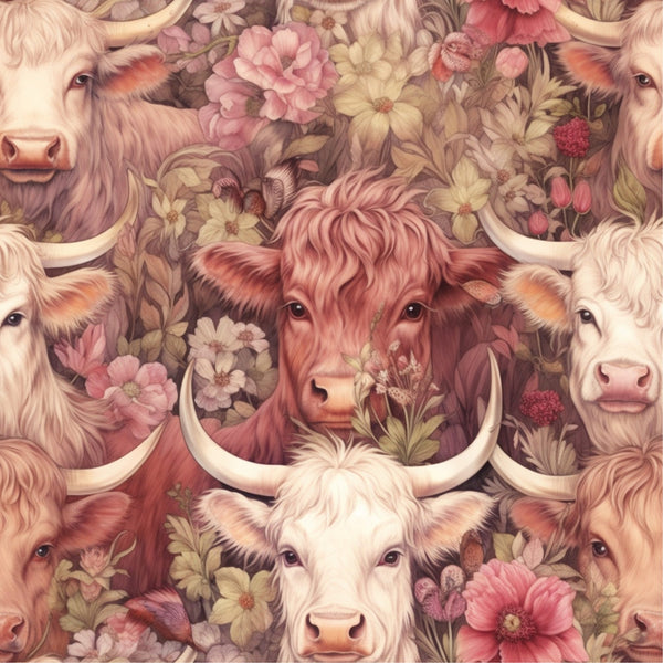 highland cows, floral pattern, pink flowers, cream colored, reddish brown, pastoral scene, bovine faces, horned cattle, botanical elements,, fabric panel, rustic charm, farmhouse style, nature motif, soft pastels, country living, animal print, decorative flowers, cottage core, repeating pattern