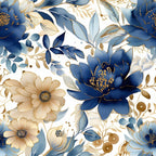 navy blue, cream, gold accents, beige, floral pattern, botanical design, large blooms, peony flowers, daisy flowers, leaves, branches, berries,, fabric panel, elegant style, sophisticated mood, watercolor effect, seamless repeat, nature motifs, soft tones