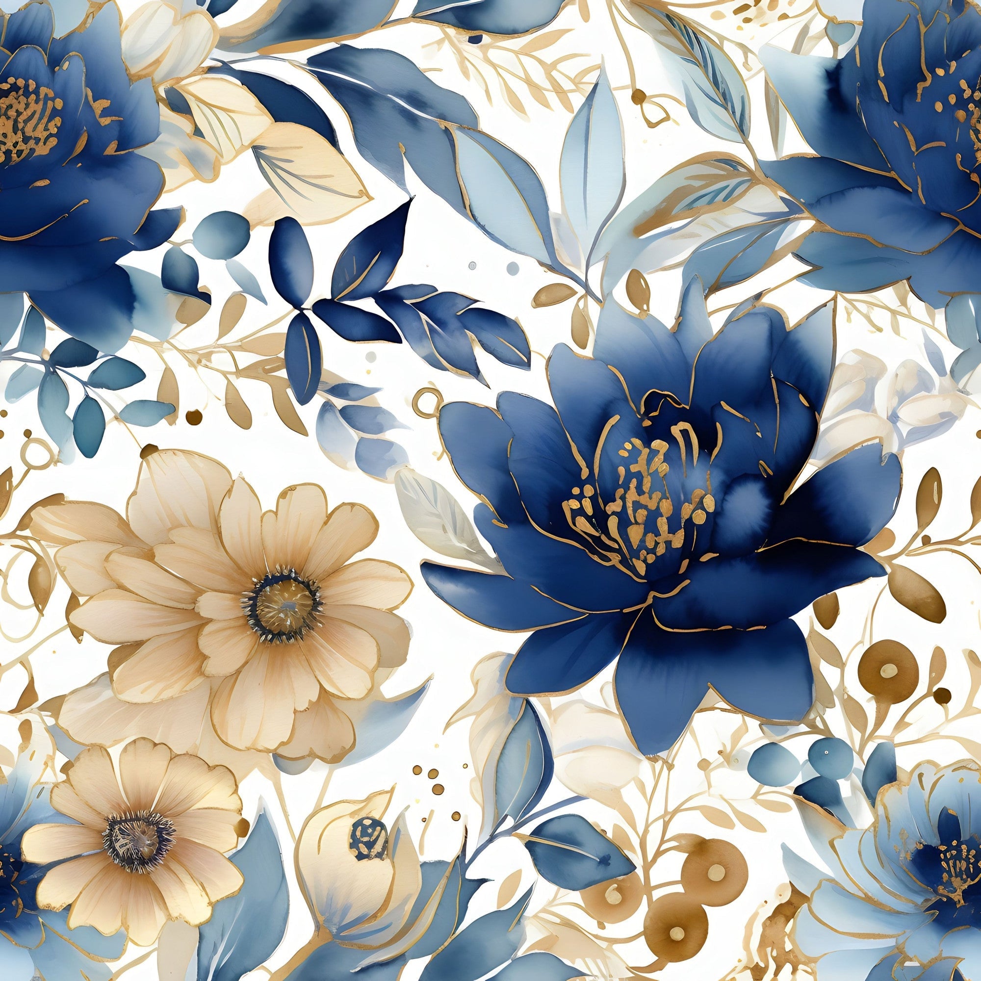navy blue, cream, gold accents, beige, floral pattern, botanical design, large blooms, peony flowers, daisy flowers, leaves, branches, berries,, fabric panel, elegant style, sophisticated mood, watercolor effect, seamless repeat, nature motifs, soft tones