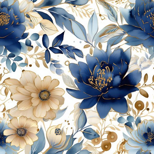 navy blue, cream, gold accents, beige, floral pattern, botanical design, large blooms, peony flowers, daisy flowers, leaves, branches, berries,, fabric panel, elegant style, sophisticated mood, watercolor effect, seamless repeat, nature motifs, soft tones