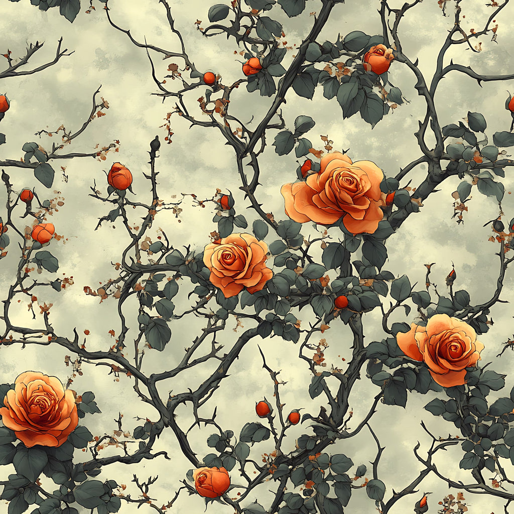 orange roses, coral flowers, thorny branches, rose buds, green leaves, cream background, botanical pattern, floral design,, fabric panel, vintage style, romantic mood, garden theme, climbing roses, muted tones, nature motif, delicate illustration, autumn colors, artistic rendering, repeating pattern