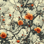 orange roses, coral flowers, thorny branches, rose buds, green leaves, cream background, botanical pattern, floral design,, fabric panel, vintage style, romantic mood, garden theme, climbing roses, muted tones, nature motif, delicate illustration, autumn colors, artistic rendering, repeating pattern