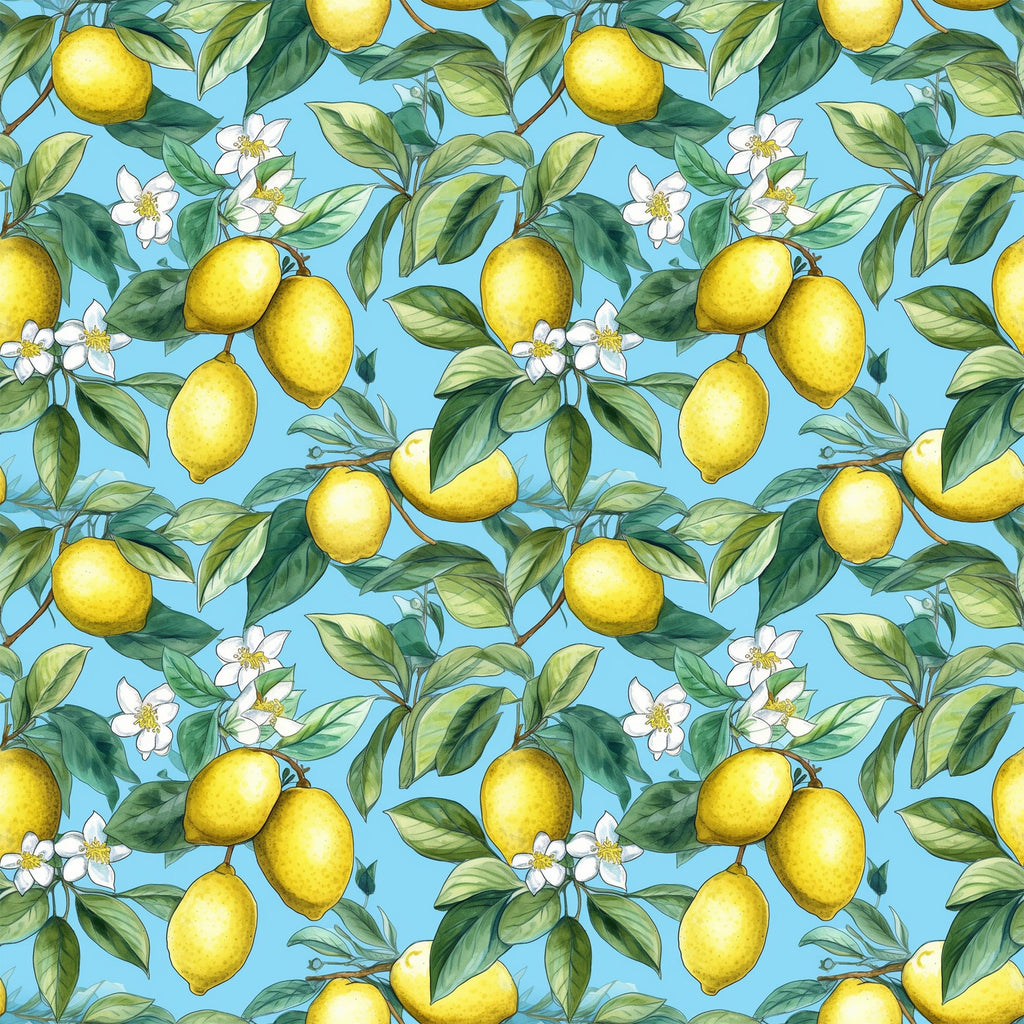 yellow lemons, bright blue background, citrus fruit, white blossoms, green leaves, botanical pattern, seamless repeat,, fabric panel, tropical motif, summer vibes, fresh citrus, floral elements, nature inspired, cheerful colors, fruit pattern, lemon tree branches, cottage core, kitchen themed, craft fabric