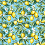 yellow lemons, bright blue background, citrus fruit, white blossoms, green leaves, botanical pattern, seamless repeat,, fabric panel, tropical motif, summer vibes, fresh citrus, floral elements, nature inspired, cheerful colors, fruit pattern, lemon tree branches, cottage core, kitchen themed, craft fabric