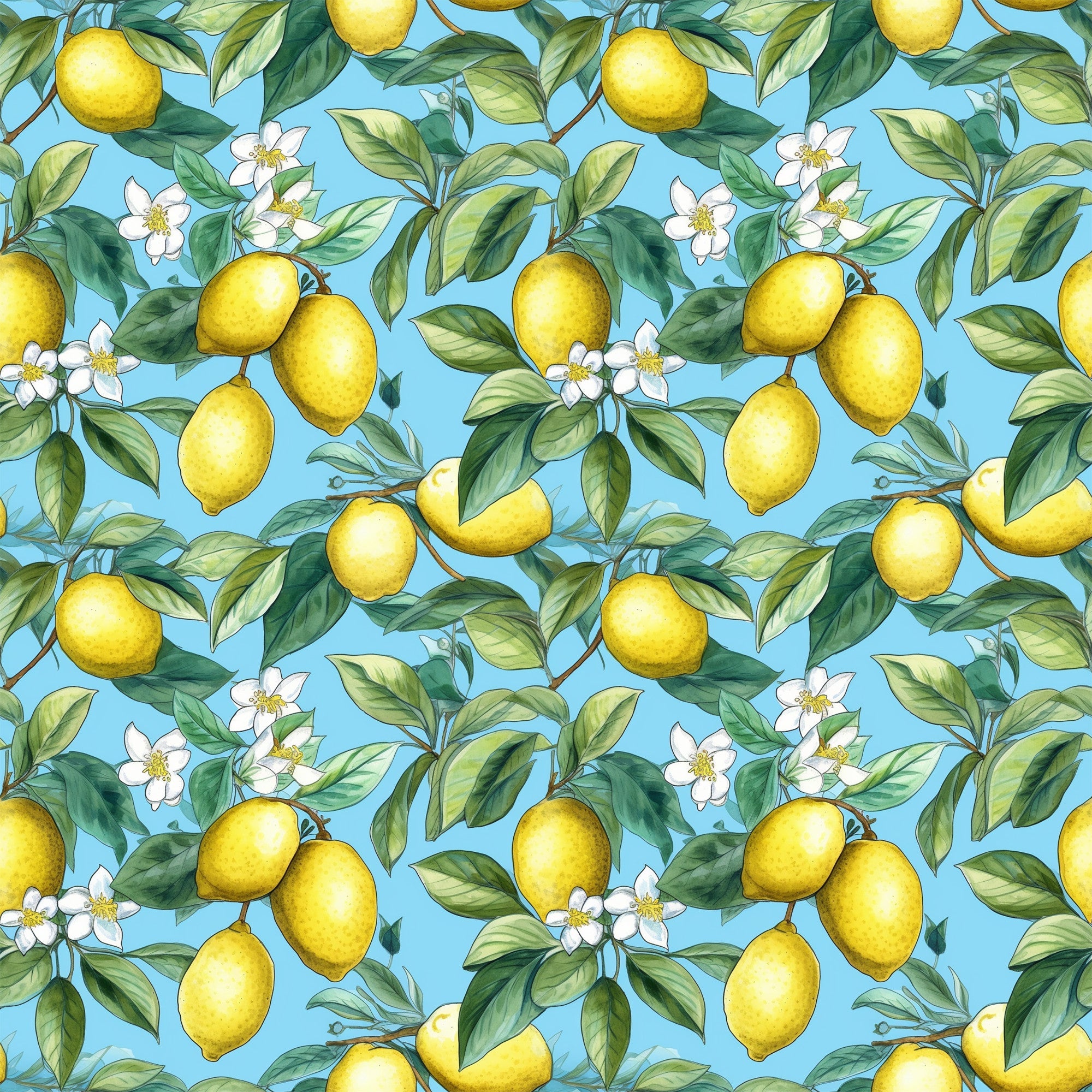yellow lemons, bright blue background, citrus fruit, white blossoms, green leaves, botanical pattern, seamless repeat,, fabric panel, tropical motif, summer vibes, fresh citrus, floral elements, nature inspired, cheerful colors, fruit pattern, lemon tree branches, cottage core, kitchen themed, craft fabric