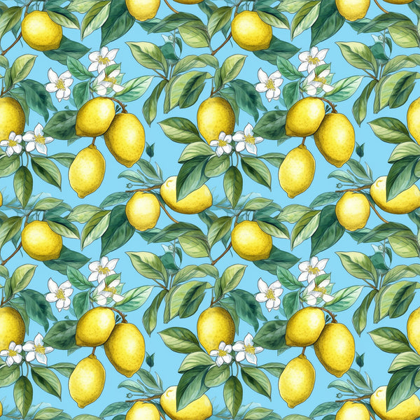 yellow lemons, bright blue background, citrus fruit, white blossoms, green leaves, botanical pattern, seamless repeat,, fabric panel, tropical motif, summer vibes, fresh citrus, floral elements, nature inspired, cheerful colors, fruit pattern, lemon tree branches, cottage core, kitchen themed, craft fabric