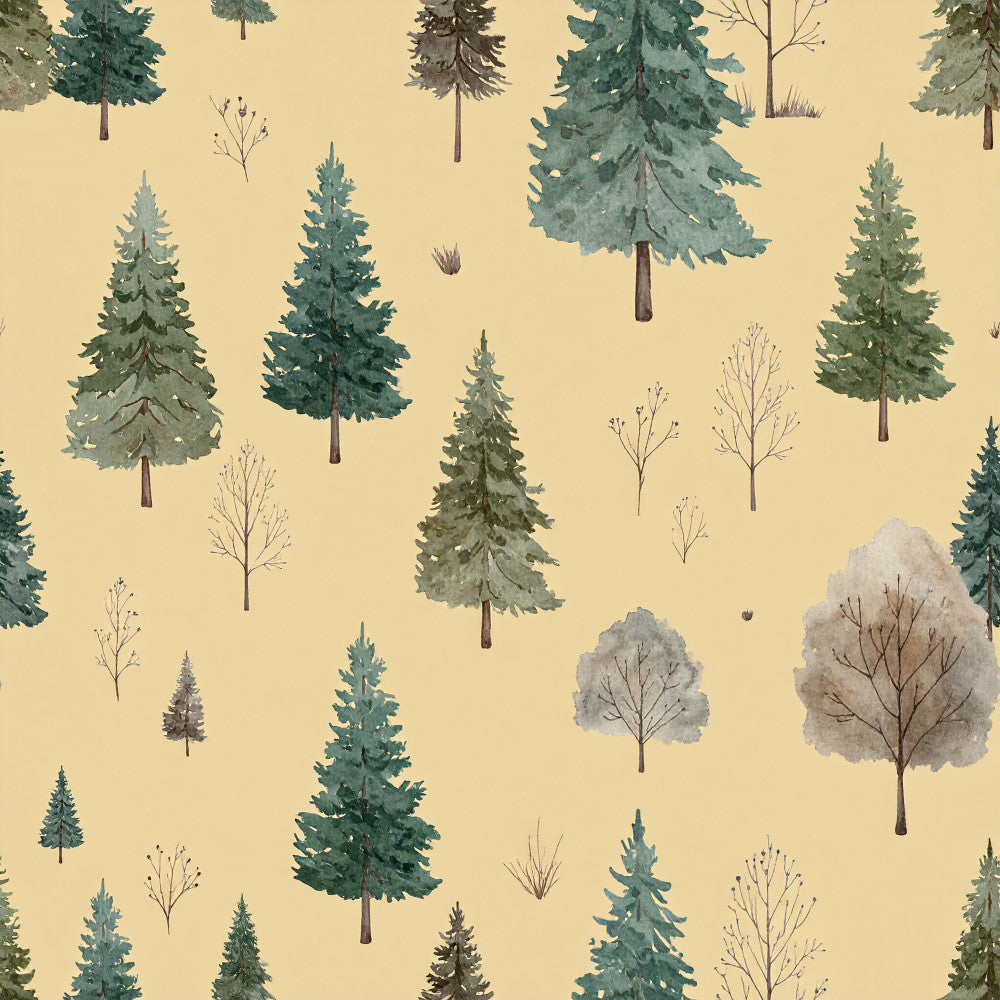 forest green, sage green, cream, beige, pale yellow, soft yellow, evergreen trees, pine trees, coniferous trees, deciduous trees, birch trees, bare branches, woodland, nature, forest, nature scene, landscape, rustic, whimsical, peaceful, serene, nursery, kids room, playroom, woodland animals habitat, nature lovers, outdoor themed, autumn, winter, spring