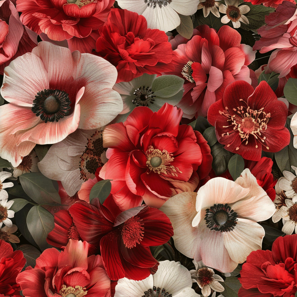 crimson red, coral pink, cream white, burgundy, sage green, realistic flowers, botanical pattern, poppies, anemones, layered petals, dark centers, stamens, floral motif,, fabric panel, romantic mood, dense arrangement, overlapping blooms, natural foliage, detailed illustration