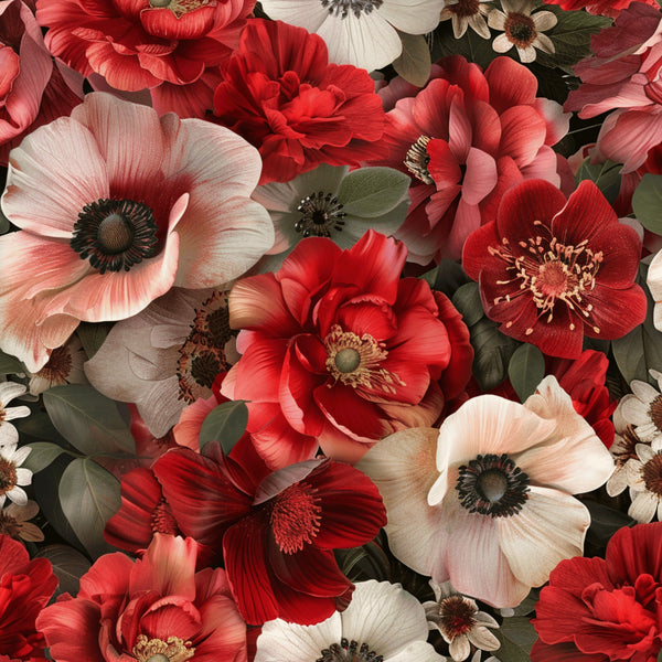 crimson red, coral pink, cream white, burgundy, sage green, realistic flowers, botanical pattern, poppies, anemones, layered petals, dark centers, stamens, floral motif,, fabric panel, romantic mood, dense arrangement, overlapping blooms, natural foliage, detailed illustration