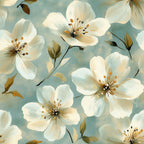 cornflower blue, sage green, cream white, golden yellow, floral pattern, blooming flowers, five-petaled blossoms, stamens, leaves, botanical design, soft pastels, watercolor style,, fabric panel, spring flowers, delicate petals, nature motif, gentle brushstrokes, seamless repeat, artistic florals