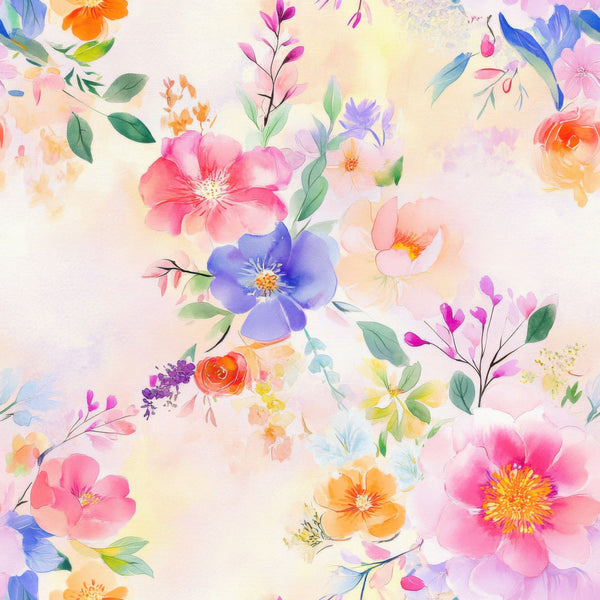 watercolor flowers, pink blossoms, purple blooms, orange florals, blue petals, green leaves, floral pattern, botanical design, soft pastels, delicate brushstrokes, spring flowers,, fabric panel, dreamy aesthetic, feminine florals, garden blooms, artistic watercolor, cotton fabric, quilting material, nature motifs