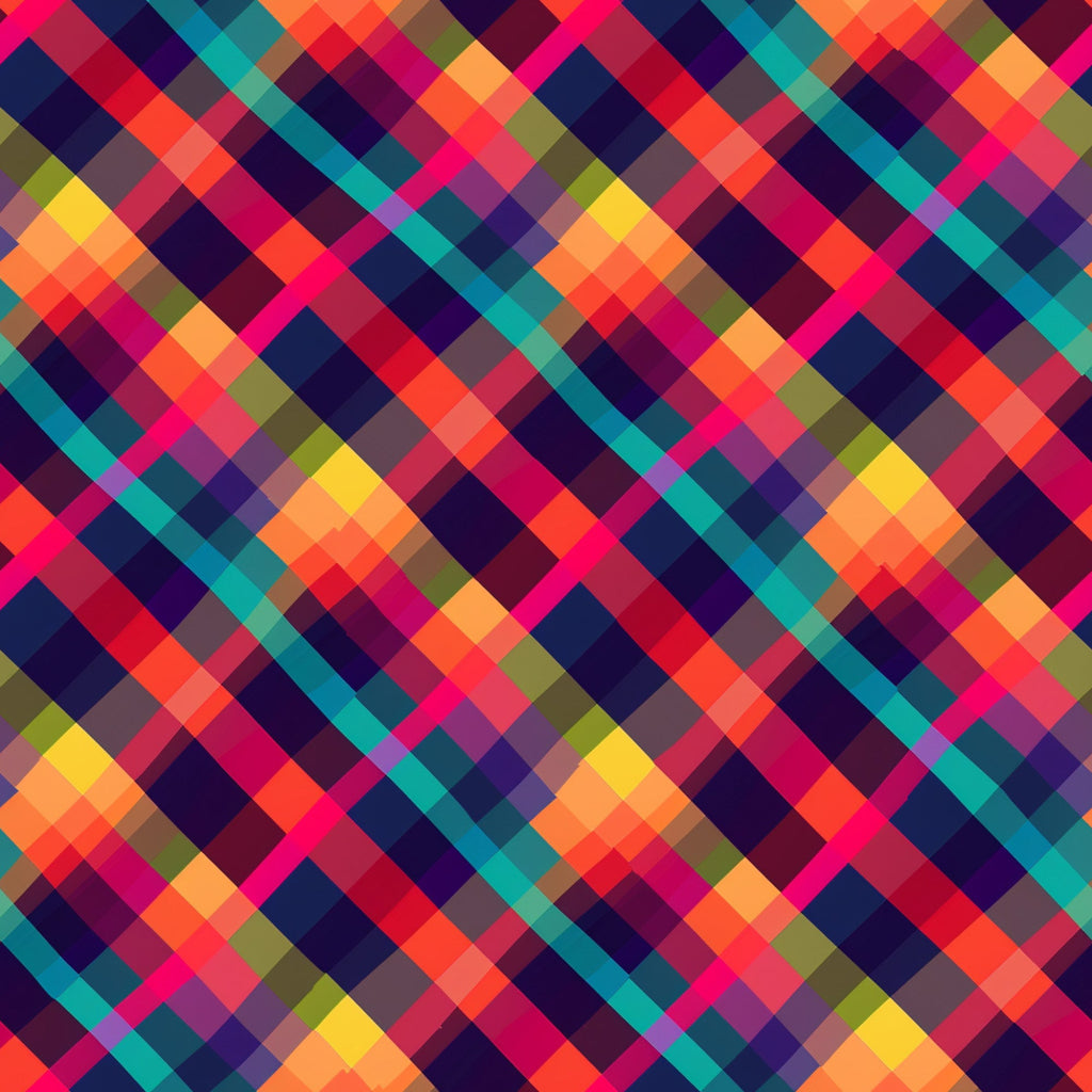 neon pink, electric blue, bright orange, vibrant yellow, teal, purple, magenta, lime green, geometric pattern, diagonal plaid, checkered design, overlapping squares, pixel art style, digital aesthetic, modern gingham, bright colors, high contrast, contemporary pattern,, fabric panel