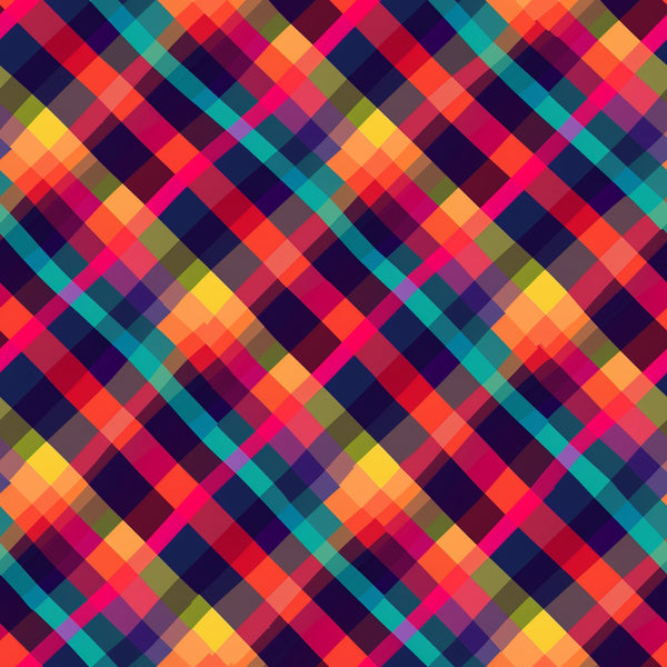 neon pink, electric blue, bright orange, vibrant yellow, teal, purple, magenta, lime green, geometric pattern, diagonal plaid, checkered design, overlapping squares, pixel art style, digital aesthetic, modern gingham, bright colors, high contrast, contemporary pattern,, fabric panel