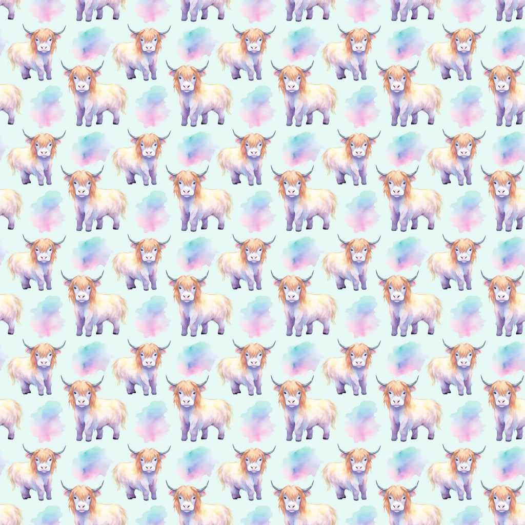 highland cows, pastel colors, purple, pink, blue, orange, watercolor style, repeating pattern, fluffy fur, horned cattle, whimsical animals, soft hues,, fabric panel, cute characters, farmyard theme, scottish cattle, gentle expressions, artistic illustration, crafting material