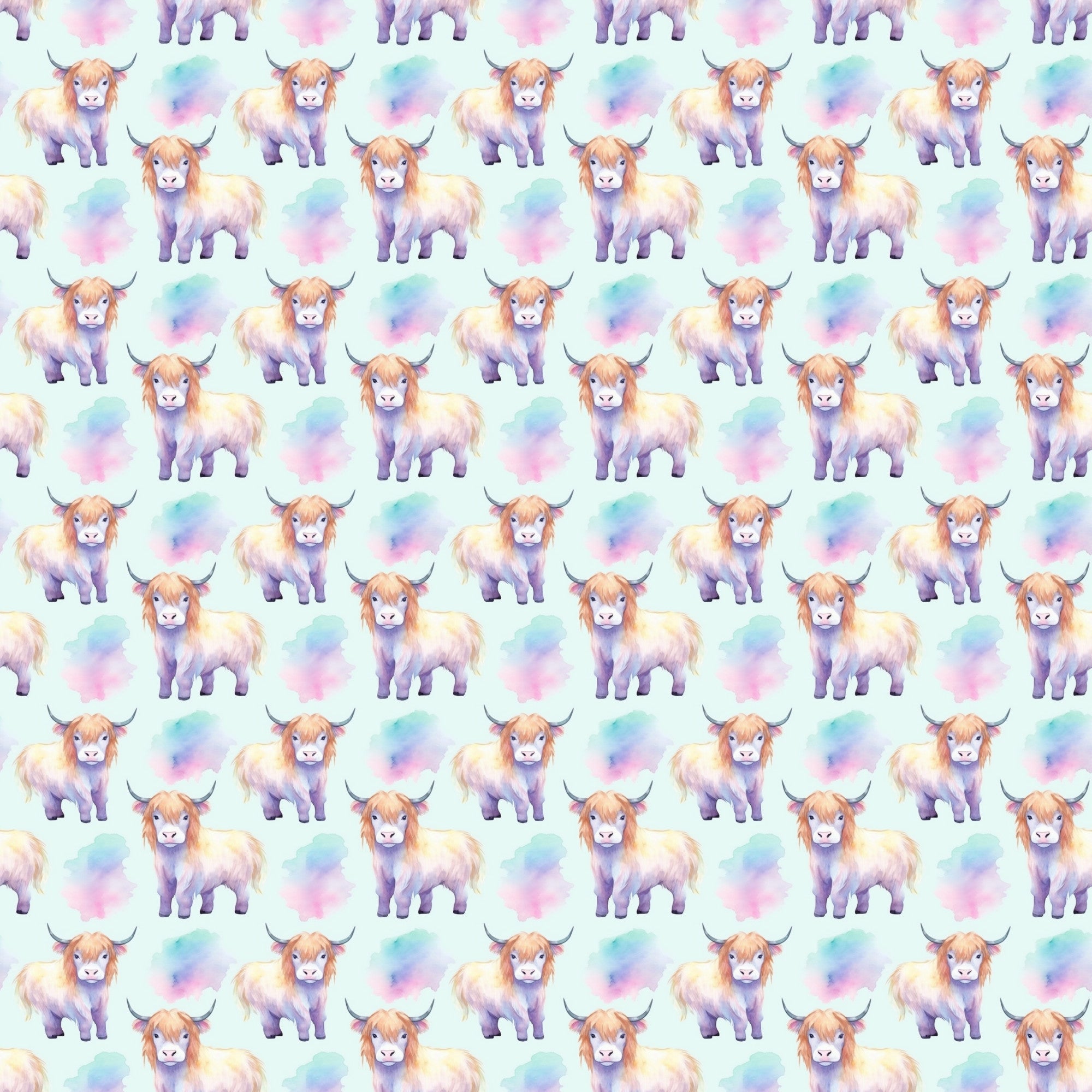 highland cows, pastel colors, purple, pink, blue, orange, watercolor style, repeating pattern, fluffy fur, horned cattle, whimsical animals, soft hues,, fabric panel, cute characters, farmyard theme, scottish cattle, gentle expressions, artistic illustration, crafting material