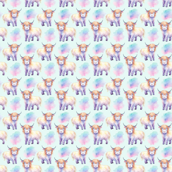 highland cows, pastel colors, purple, pink, blue, orange, watercolor style, repeating pattern, fluffy fur, horned cattle, whimsical animals, soft hues,, fabric panel, cute characters, farmyard theme, scottish cattle, gentle expressions, artistic illustration, crafting material