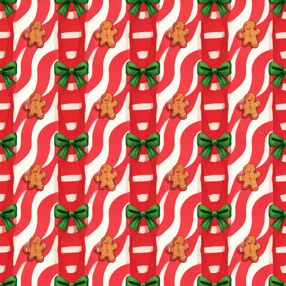 christmas, holiday, festive, gingerbread men, gingerbread, green bows, ribbons, red and white, cream, candy cane stripes, striped, geometric, retro, vintage, whimsical, playful, traditional, seasonal, kids, children, nursery, playroom, winter, decorative, festive motifs, classic christmas, nostalgic
